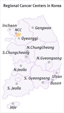 regional cancer centers in korea(Incheon, NCC, Gangwon, Gyeonggi, N.Chungcheong, S.chungcheong, N.Gveongsang, N.jeolla, Ulsan, S.Gyeongsang, Busan, S.jeolla, Jeju)