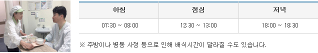 식사생활 아침07:30 ~ 08:00 점심 12:30 ~ 13:00 저녁 18:00 ~ 18:30, ※ 주방이나 병동 사정 등으로 인해 배식시간이 달라질 수도 있습니다.