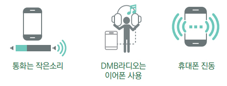 통화는 작은소리, DMB라디오는 이어폰 사용, 휴대폰 진동