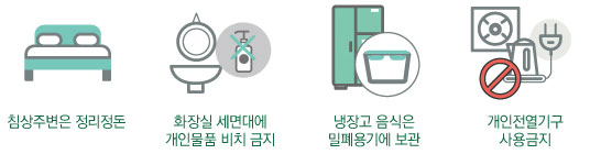 침상주변은 정리정돈, 화장실 세면대에 개인물품 비치 금지, 냉장고 음식은 밀폐용기에 보관, 개인전열기구 사용금지