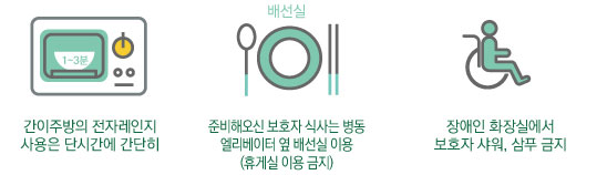 간이주방의 전자레인지 사용은 단시간에 간단히, 준비해 오신 보호자 식사는 병동 엘리베이터 옆 배선실 이용가능(휴게실 이용금지), 장애인 화장실에서 보호자 샤워, 삼푸 금지