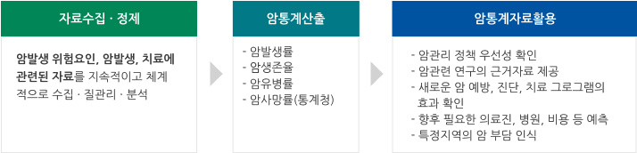 자료수집ㆍ정제 : 암발생 위험요인, 암발생. 치료에 관련된 자료를 지속적이고 체계적으로 수집ㆍ질관리ㆍ분석 → 암통계산출 : -암발생률 -암생존을 -암유병률 -암사망률(통계청) → 암통계자료활용 : -암관리 정책 우선성 확인 -암관련 연구의 근거자료 제공 -새로운 암 예방, 진단, 치료 프로그램의 효과 확인 -향후 필요한 의료진, 병원, 비용 등 예측 -암교육 홍보자료로 활용 -특정지역의 암 부담 의식
